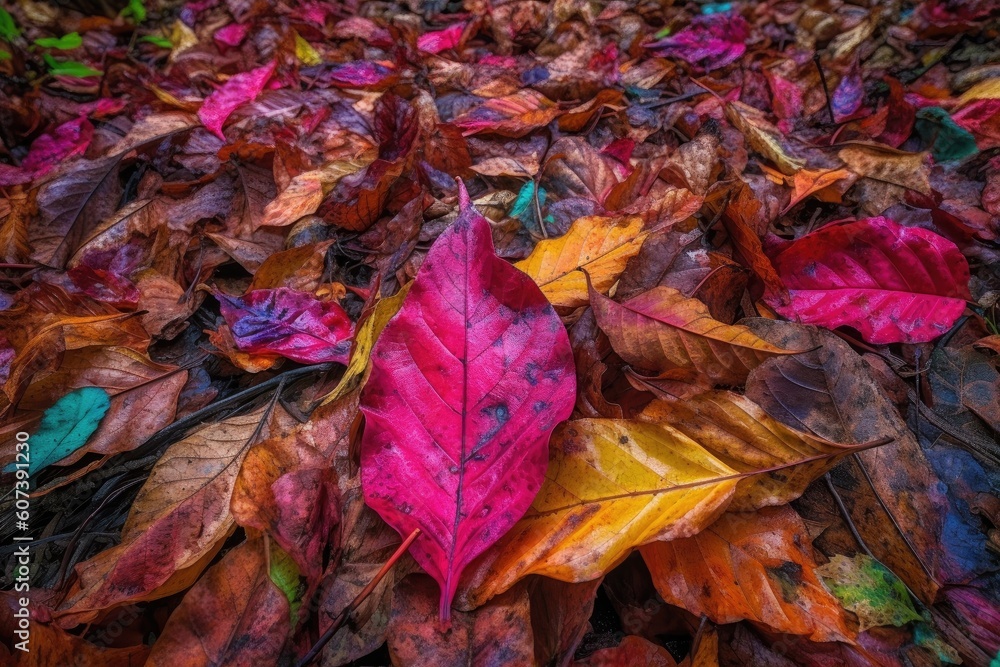 close-up of fallen leaves with vibrant colors and textures, created with generative ai close-up of fallen leaves with vibrant colors and textures, created with generative ai