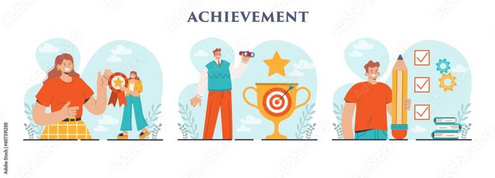 Achievement set. Reached milestone in business or education. Challenge,