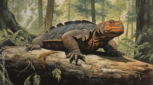 Illustration of giant Meganeura resting on a log in a forest, during the Carboniferous period.Generative AI photo