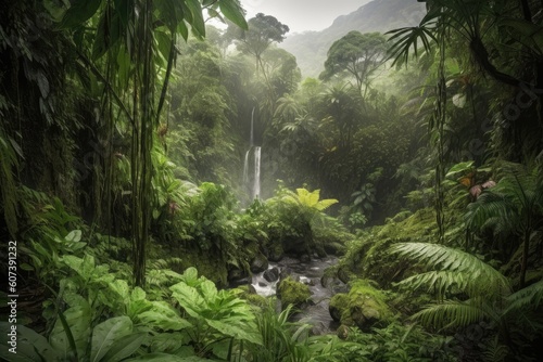 lush jungle landscape with waterfall and misty rain clouds, created with generative ai