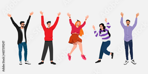 Set of people celebrating goal achievement. happiness, freedom, motion and diversity concept