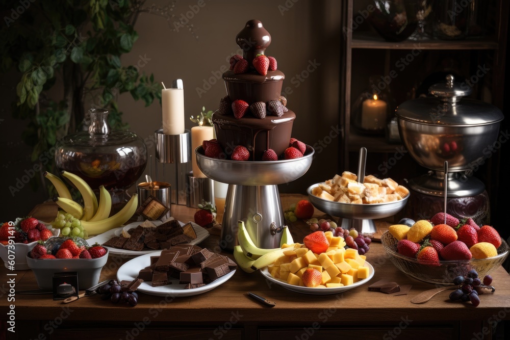 chocolate fountain surrounded by plates and skewers of fruits and cookies for a classic fondue party, created with generative ai