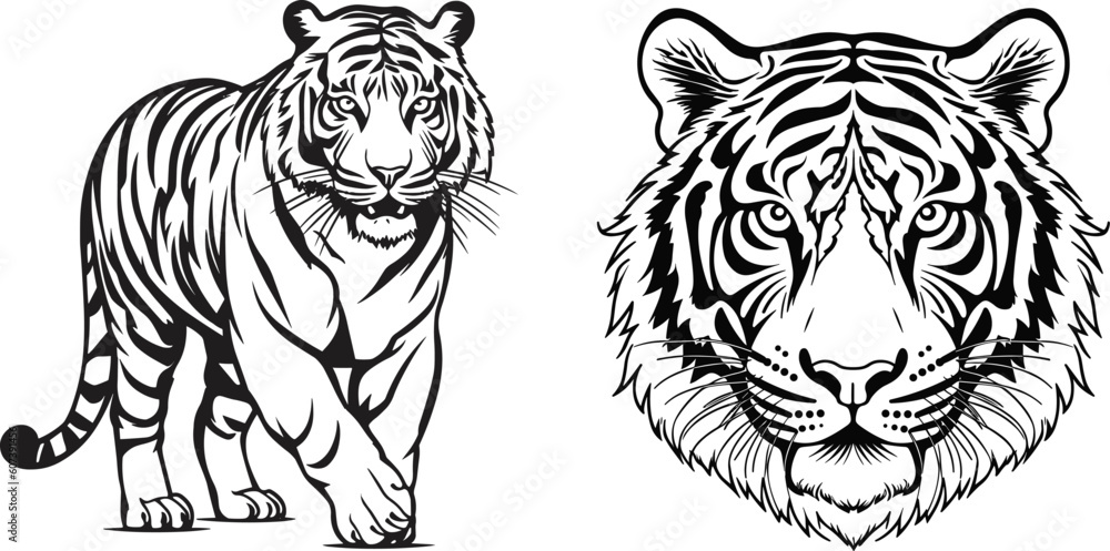 Set of tiger's head and body vector silhouettes. Black tattoo illustration. Suitable for logo art, tattoo, stickers, cards, t-shirt design etc Set of tiger's head and body vector silhouettes. Black tattoo illustration. Suitable for logo art, tattoo, stickers, cards, t-shirt design etc
