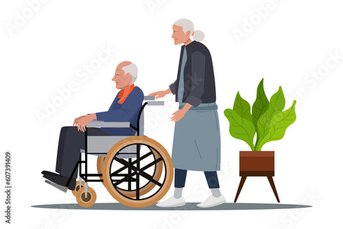Couple of elderly people cartoon character. An elderly woman with her husband in a wheelchair