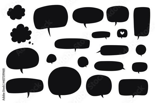A set of hand drawn black color filled speech bubbles and text balloon