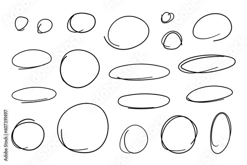 A set of hand drawn circle doodles, squiggle and swirl lines, png transparent background