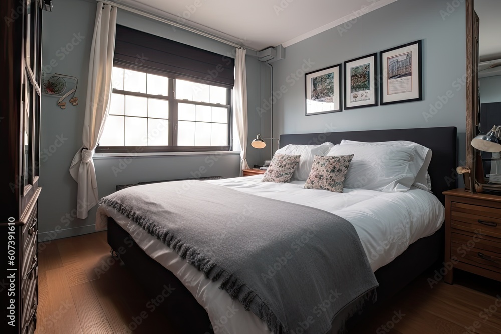 bedroom, with freshly laundered linens and fluffy pillows on the bed, created with generative ai bedroom, with freshly laundered linens and fluffy pillows on the bed, created with generative ai