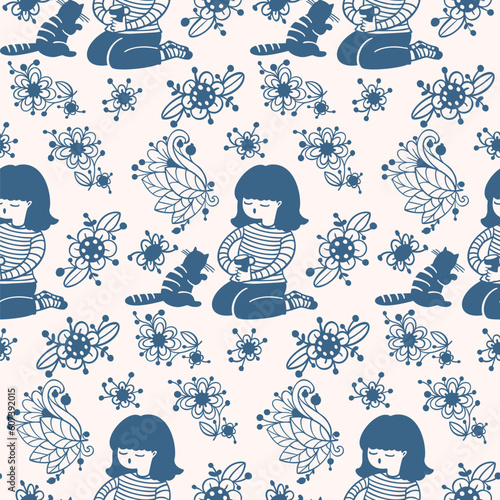 Seamless pattern with a girl and a cat. Vector illustration in cartoon style.