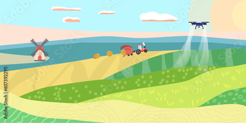 Smart agro concept, background with meadows and fields