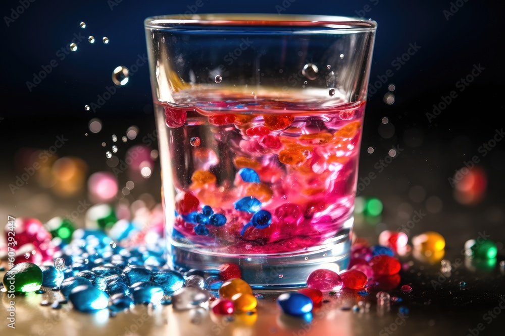 microplastic floating in a glass of water, surrounded by colorful drops, created with generative ai microplastic floating in a glass of water, surrounded by colorful drops, created with generative ai