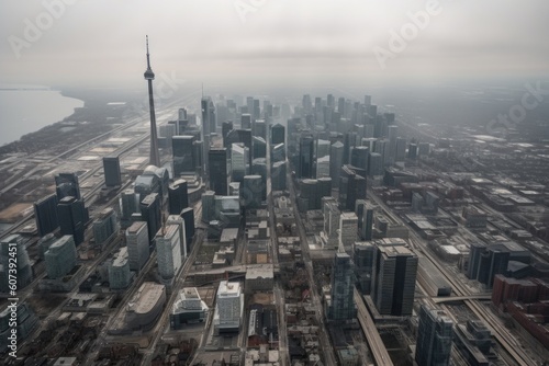 aerial view of a bustling city, with skyscrapers and streets in clear view, created with generative ai