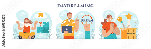 Daydreaming concept set. Young characters dreaming or daydreaming