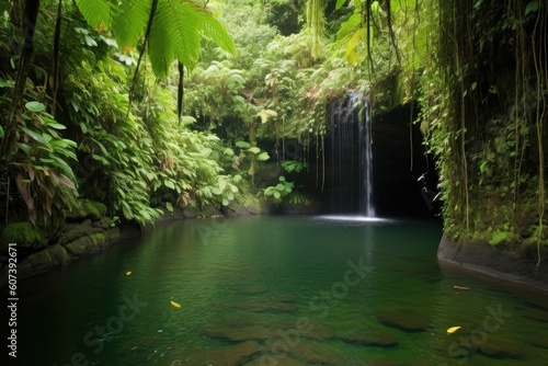 waterfall cascading into tranquil lagoon  surrounded by lush greenery  created with generative ai