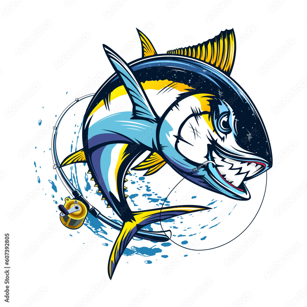 Tuna fishing logo vector illustration. Tuna fishing emblem isolated