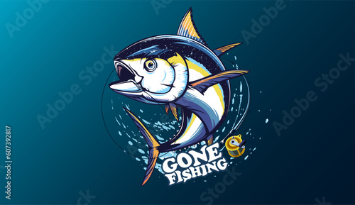 Tuna fishing logo vector  illustration. Tuna fishing emblem isolated. Ocean fish logo. Saltwater fishing theme.