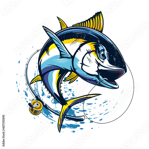 Tuna fishing logo vector  illustration. Tuna fishing emblem isolated. Ocean fish logo. Saltwater fishing theme.