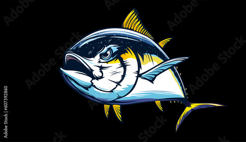 Tuna fishing logo vector  illustration. Tuna fishing emblem isolated. Ocean fish logo. Saltwater fishing theme.