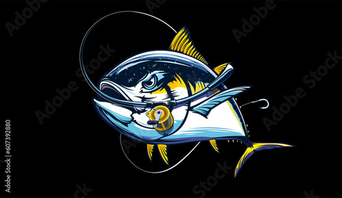 Tuna fishing logo vector  illustration. Tuna fishing emblem isolated. Ocean fish logo. Saltwater fishing theme.