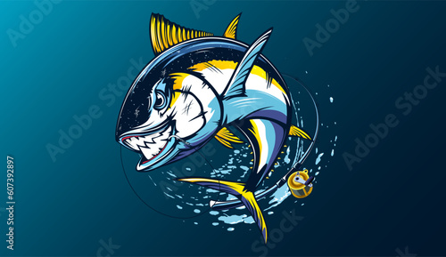 Tuna fishing logo vector  illustration. Tuna fishing emblem isolated. Ocean fish logo. Saltwater fishing theme.