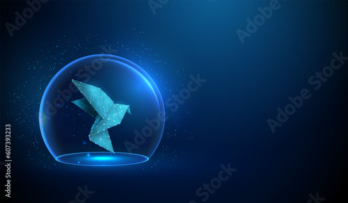 Abstract blue glass dome with paper origami bird.