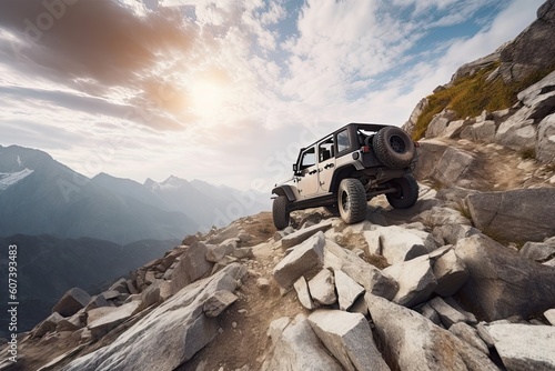 off-road vehicle climbing over rocky ridge in the mountains, created with generative ai © altitudevisual