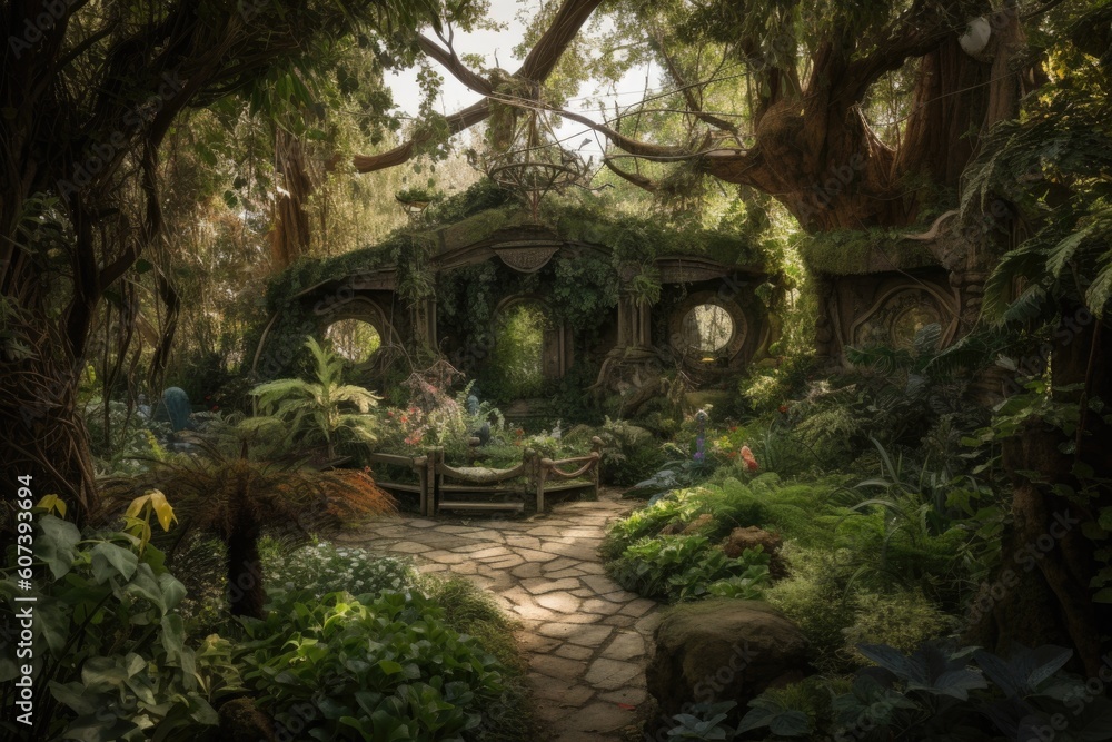an enchanted garden with magical creatures and plants, hidden away from the world, created with generative ai an enchanted garden with magical creatures and plants, hidden away from the world, created with generative ai