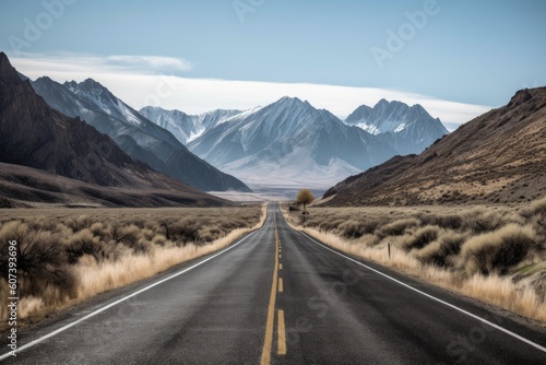 scenic highway with dramatic mountain range in the background, created with generative ai © altitudevisual