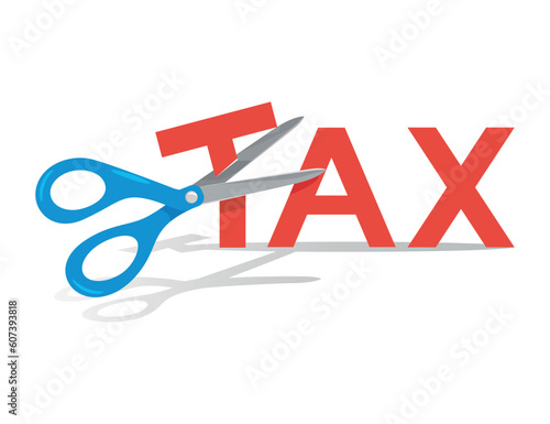 Scissors cutting big tax letter, illustration vector cartoon