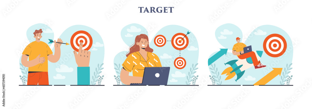 Target concept set. Ambitious characters aiming in target and shooting Target concept set. Ambitious characters aiming in target and shooting