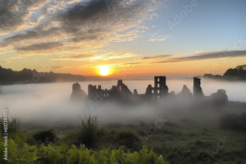 scenic view of sun rising over ruins, with misty clouds in the background, created with generative ai
