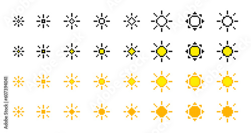 pixel icon sun, brightness icon sheet, 8 bit isolated pixelated vector