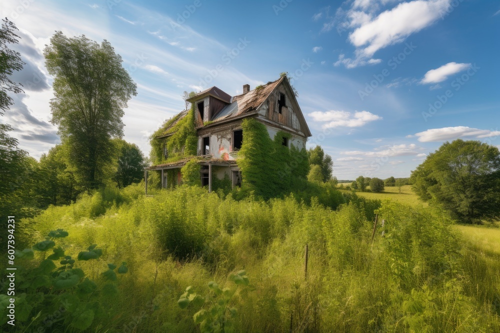 abandoned farmhouse surrounded by overgrown vegetation, with a view of the surrounding landscape, created with generative ai