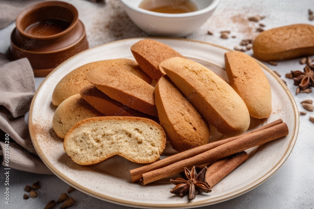 plate of warm cookies and biscotti, sprinkled with cinnamon and sugar, created with generative ai