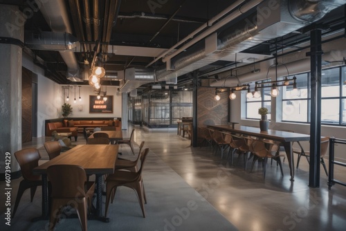 co-working space with industrial decor, exposed piping and metal accents, created with generative ai