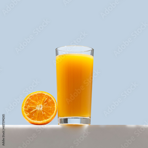 Orange juice. Glass of 100% Orange juice with orange, bottom-up view. Creative summer composition, refreshment concept.