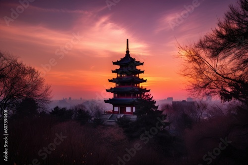 sunset view of china pagoda with orange and pink hues visible in the sky, created with generative ai