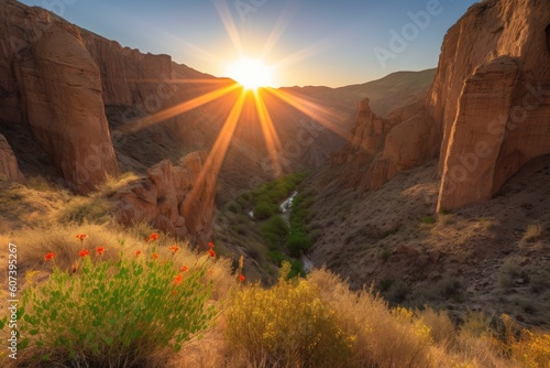 blazing sun setting behind towering canyon walls, casting golden light on the landscape, created with generative ai