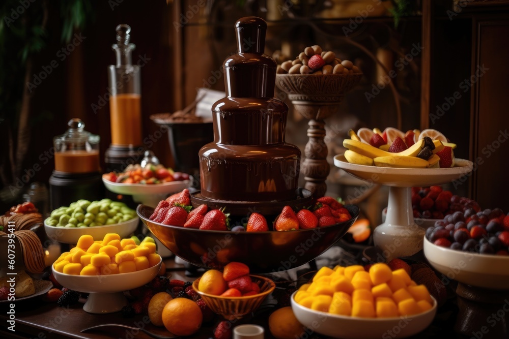 chocolate fountain surrounded by plates of fruit and pastries for a sweet and savory combination, created with generative ai