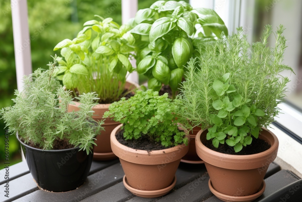 potted herb garden on patio or windowsill, created with generative ai potted herb garden on patio or windowsill, created with generative ai