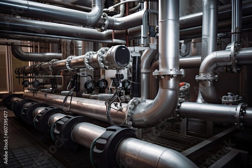 close-up of geothermal energy conversion system, with pipes and valves visible, created with generative ai