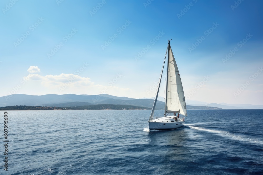 sailing boat, with person at the helm, sailing on azure sea, created with generative ai