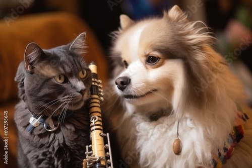 close-up of dog and cat musician playing their instruments in unison, created with generative ai © altitudevisual