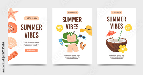 Set of vertical flyer templates Summer Vibes Holidays. Promotion banner with seashells, Summer clothes, cocktail in coconut half. Beach, Party, Sale concept. Flat colorful vector illustration. 