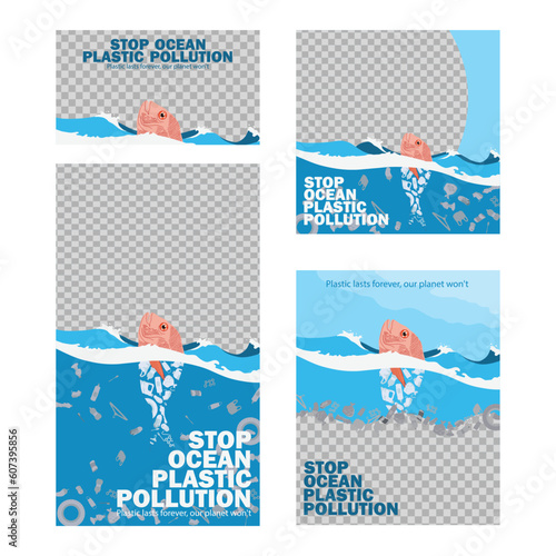 illustration stop ocean plastic pollution, protect nature and the environment. fish full of plastic waste. vector template for card, poster, banner, flyer.