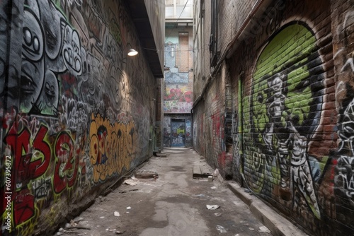 abstract alien graffiti on the walls of a dark and mysterious alley, created with generative ai