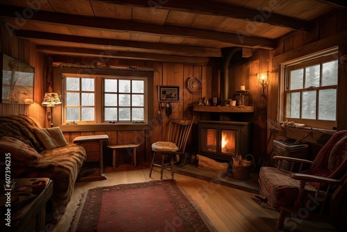 cozy cabin retreat with warm fireplace and crackling flames, perfect for reading or cuddling, created with generative ai