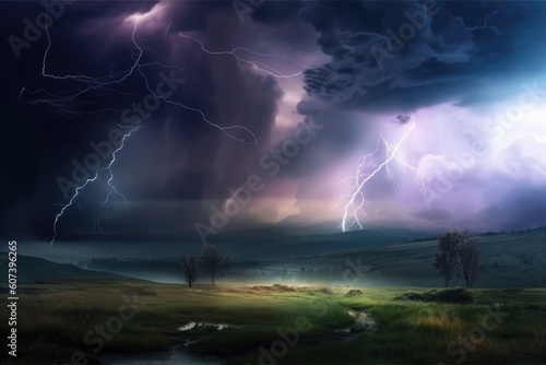 abstract and surreal landscape with stormy sky, lightning strikes, and dramatic clouds, created with generative ai