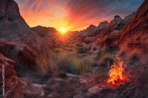 ethereal sunrise  illuminating fiery canyon landscape  created with generative ai