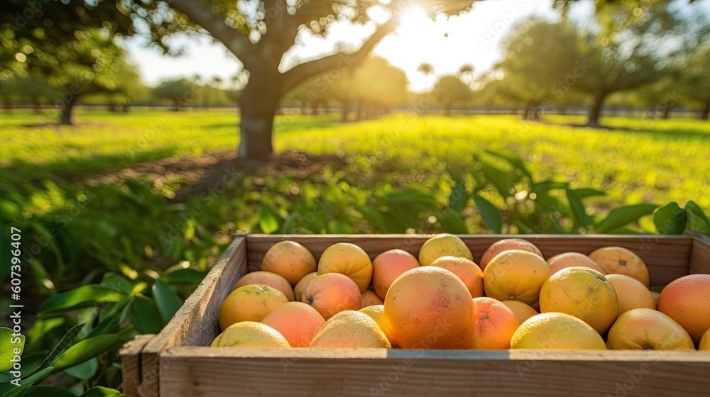 Organic grapefruit in a wooden box on the field. Space for text, mockup, horizontal orientation, Generative AI
Organic grapefruit in a wooden box on the field. Space for text, mockup, horizontal orientation, Generative AI