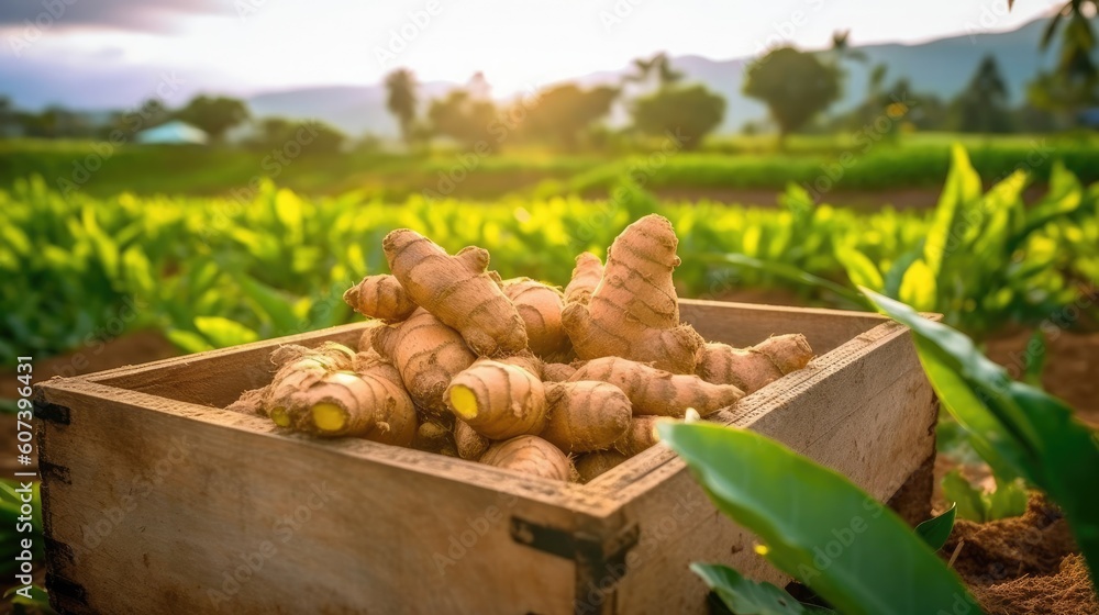 Organic ginger in a wooden box on the field. Space for text, mockup, horizontal orientation, Generative AI
Organic ginger in a wooden box on the field. Space for text, mockup, horizontal orientation, Generative AI